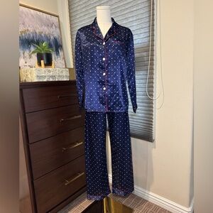 Womens Faux Satin Pajamas Set. Navy w/white polka dots and red trim. Size Small